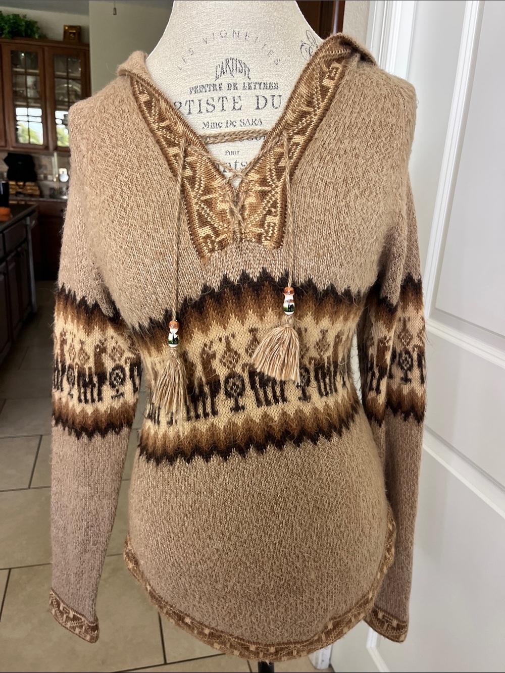 Peruvian Alpaca Fina boho hooded alpaca wool brown llama frieze sweater
